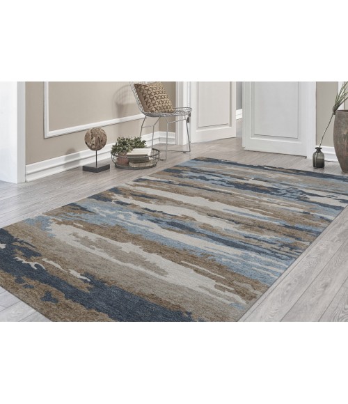 Amer Abstract Gunter Tan/Blue Hand-tufted Wool Blend Area Rug 5'x8'