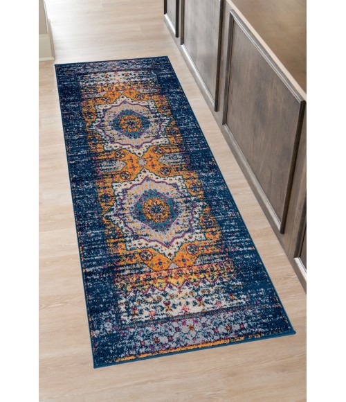 Amer Manhattan Beale Boho Medallion Navy/Orange Runner Rug 2'6"x7'6"