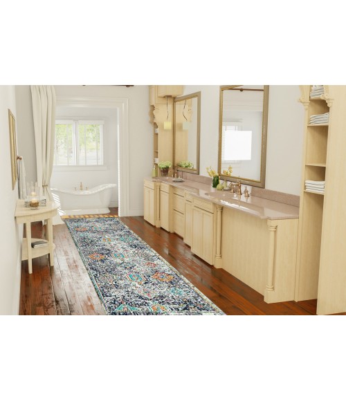 Amer Montana Myro Blue/Orange Polypropylene Runner Rug 2'7"x8'