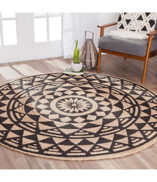 Anji Mountain Pippin Black & Tan Jute Rug Anji Mountain 6' Round Pippin Black & Tan Jute Rug