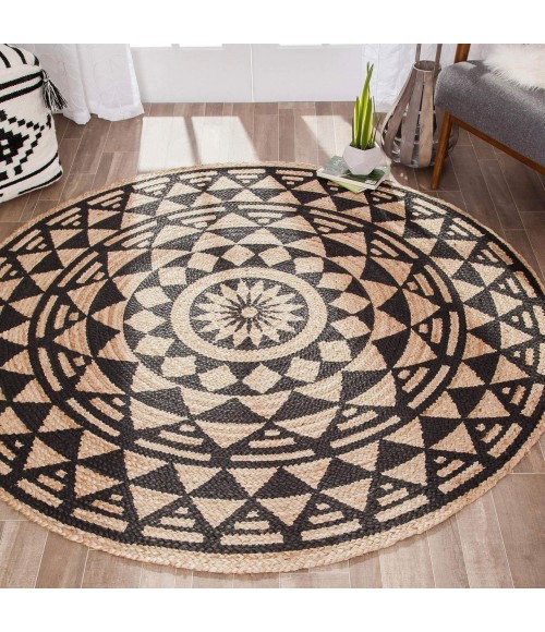 Anji Mountain Pippin Black & Tan Jute Rug Anji Mountain 6' Round Pippin Black & Tan Jute Rug