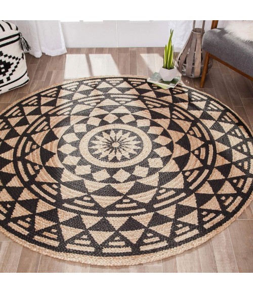 Anji Mountain 4' Round Pippin Black & Tan Jute Rug