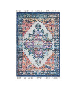 Anji Mountain Anji Mountain 7'6" x 9'6" Kuba Blue Tan Medallion Polyester Chindi Rug