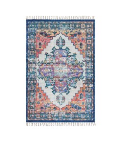 Anji Mountain 7'6" x 9'6" Kuba Blue Tan Medallion Polyester Chindi Rug