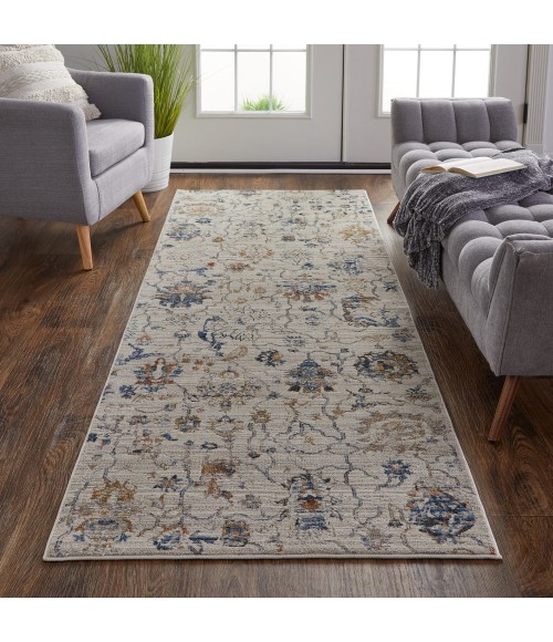Kaia Area Rug Feizy Kaia Casual Floral & Botanical, Ivory/Orange/Blue, 2'-6" x 10' Runner