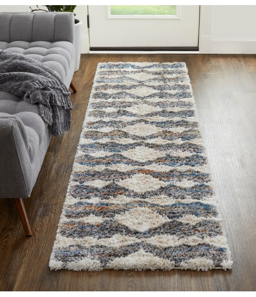 Feizy Mynka Bohemian & Eclectic Diamond, Tan/Ivory/Blue, 2'-6" x 8' Runner