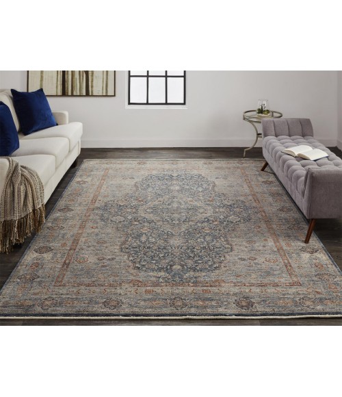 Feizy Marquette Rustic Persian Farmhouse Rug, Denim Blue/Rust, 2ft - 8in x 8ft, Runner