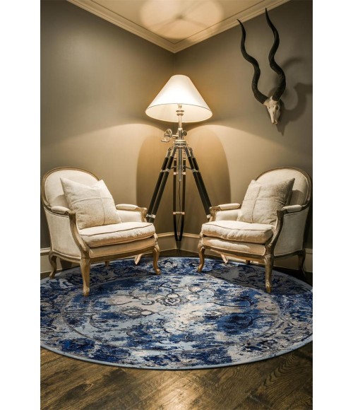 Milton Area Rug Feizy Milton Vintage Distressed, Blue/Ivory/Gray, 8'-9" x 8'-9" Round Rug
