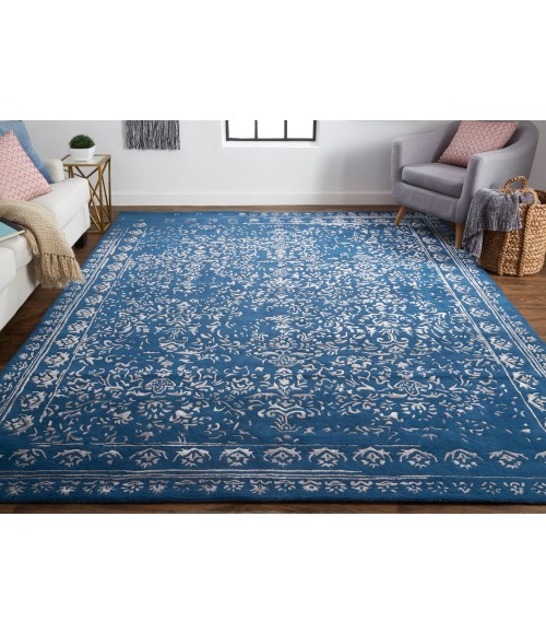 Feizy Bella High/Low Floral Wool Rug, Vallarta Blue/Silver Gray, 2ft-6in x 8ft, Runner