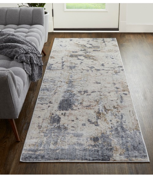Laina Area Rug Feizy Laina Industrial Abstract, Ivory/Gray/Blue, 3' x 10' Runner