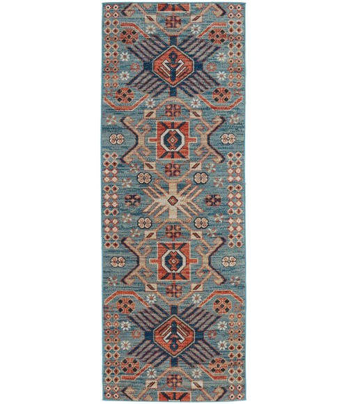 Nolan Area Rug Feizy Nolan Vinatge Style Tribal Kazak Rug, River Blue/Red Orange, 2ft-10in x 7ft-10in