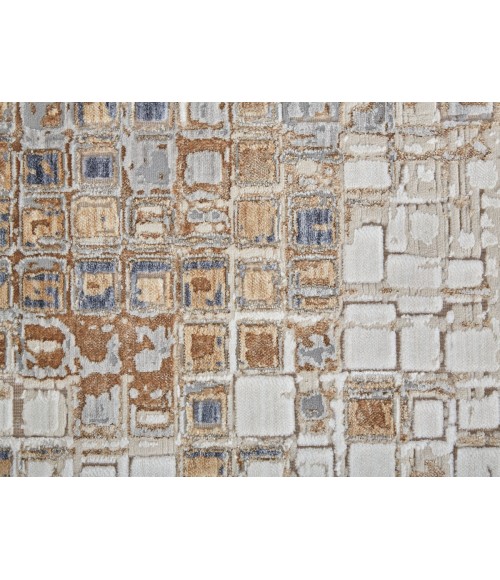 Laina Area Rug Feizy Laina Mid-Century Modern Geometric, Tan/Ivory/Blue, 3' x 10' Runner