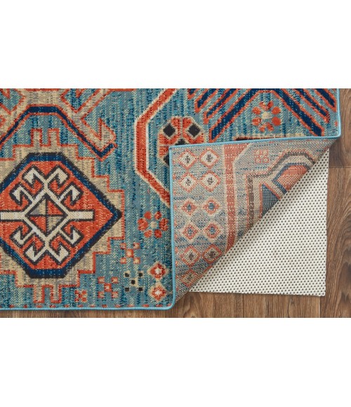 Nolan Area Rug Feizy Nolan Vinatge Style Tribal Kazak Rug, River Blue/Red Orange, 2ft-10in x 7ft-10in