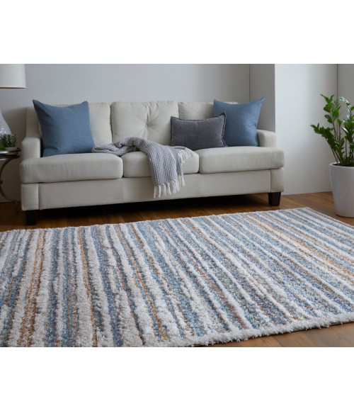 Feizy Mynka Casual Stripes, Ivory/Blue/Orange, 10' x 14' Area Rug