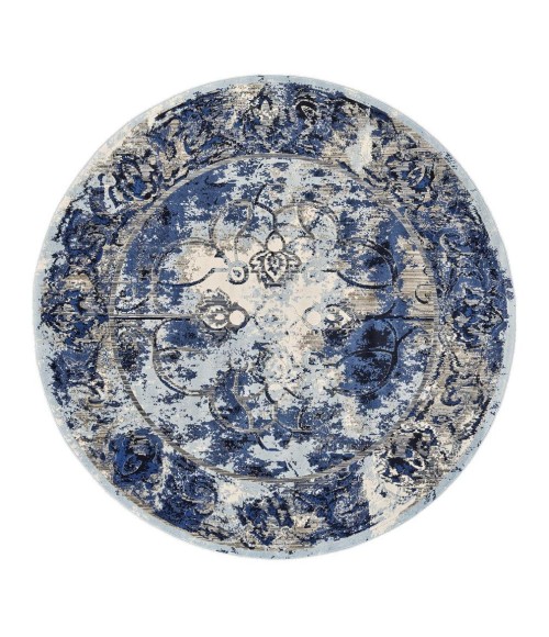 Milton Area Rug Feizy Milton Vintage Distressed, Blue/Ivory/Gray, 8'-9" x 8'-9" Round Rug