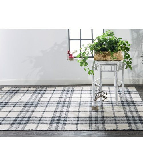 Feizy Crosby Eco-Friendly PET Dhurrie, Ivory/Sky Blue/Black, 8ft x 10ft Area Rug