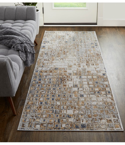 Laina Area Rug Feizy Laina Mid-Century Modern Geometric, Tan/Ivory/Blue, 3' x 10' Runner