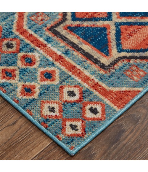 Nolan Area Rug Feizy Nolan Vinatge Style Tribal Kazak Rug, River Blue/Red Orange, 2ft-10in x 7ft-10in