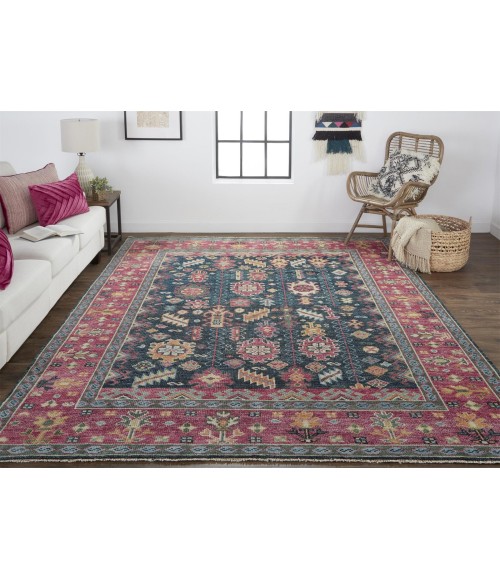 Feizy Piraj Nordic Hand-Knot Wool Area Rug, Carmine Pink/Indigo, 7ft-9in x 9ft-9in