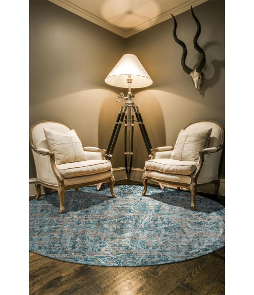 Feizy Keats Bohemian & Eclectic Distressed, Blue/Taupe/Ivory, 8'-9" x 8'-9" Round Rug