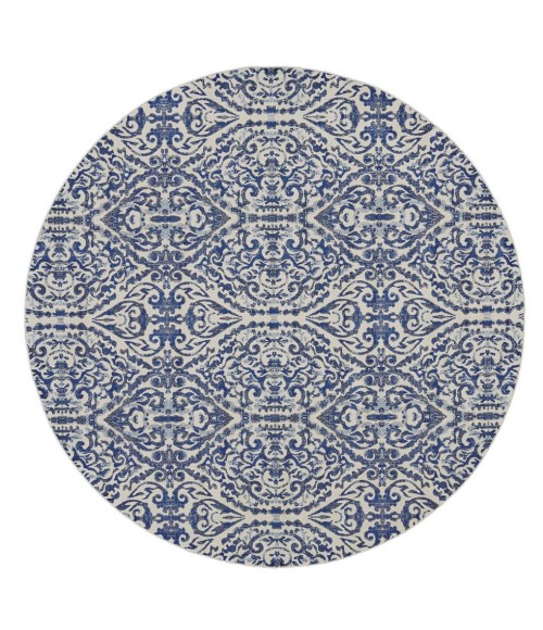 Feizy Milton Bohemian & Eclectic Ikat, Blue/Ivory/Black, 8'-9" x 8'-9" Round Rug