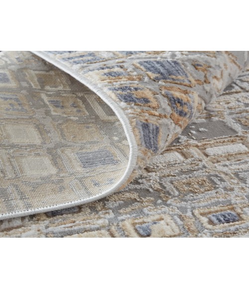 Laina Area Rug Feizy Laina Mid-Century Modern Geometric, Tan/Ivory/Blue, 3' x 10' Runner