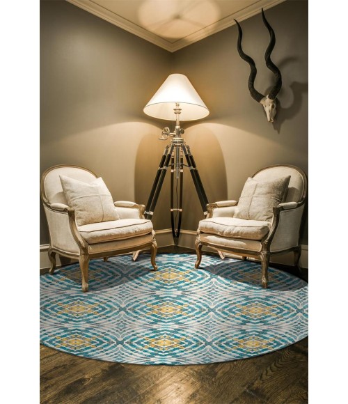 Feizy Keats Casual Abstract, Blue/Ivory/Yellow, 8'-9" x 8'-9" Round Rug