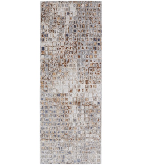 Laina Area Rug Feizy Laina Mid-Century Modern Geometric, Tan/Ivory/Blue, 3' x 10' Runner