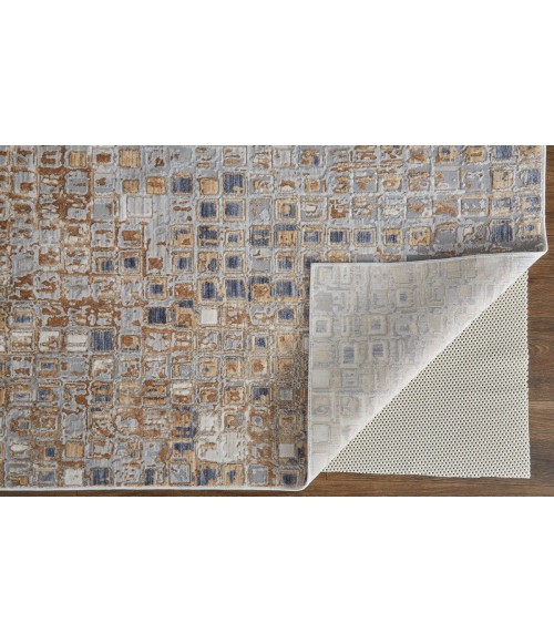 Laina Area Rug Feizy Laina Mid-Century Modern Geometric, Tan/Ivory/Blue, 3' x 10' Runner