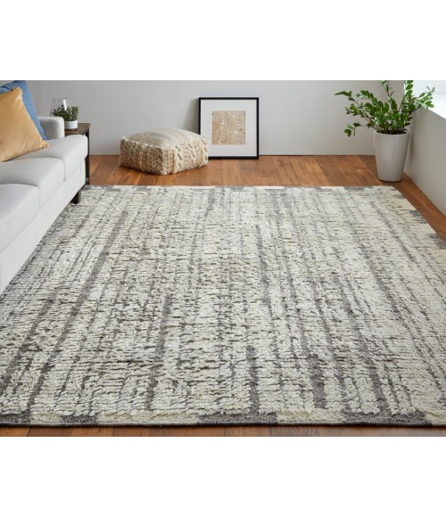 Ashby Area Rug Feizy Ashby Casual Stripes, Ivory/Gray, 9' x 9' Round Rug
