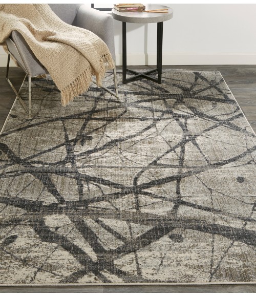 Kano Area Rug Feizy Kano Industrial Abstract, Taupe/Gray/Ivory, 8'-9" x 8'-9" Round Rug