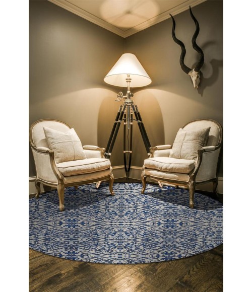 Feizy Milton Bohemian & Eclectic Ikat, Blue/Ivory/Black, 8'-9" x 8'-9" Round Rug