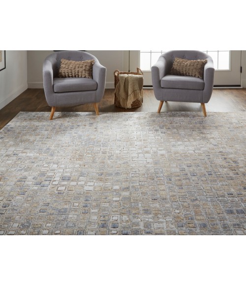 Laina Area Rug Feizy Laina Mid-Century Modern Geometric, Tan/Ivory/Blue, 3' x 10' Runner