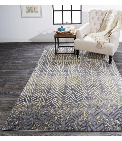 Feizy Bleecker Bohemian & Eclectic Chevron, Gray/Yellow/White, 8' x 8' Round Rug