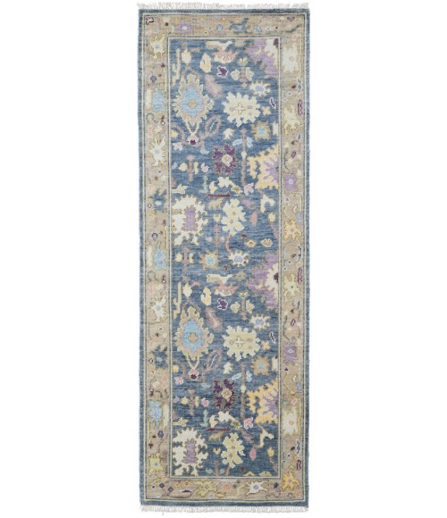 Feizy Karina Luxe Hand Knot Botanical Rug, Blue/Wheat Beige, 2ft-6in x 8ft-Runner