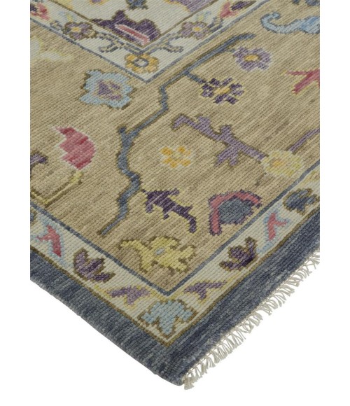 Feizy Karina Luxe Hand Knot Botanical Rug, Blue/Wheat Beige, 2ft-6in x 8ft-Runner