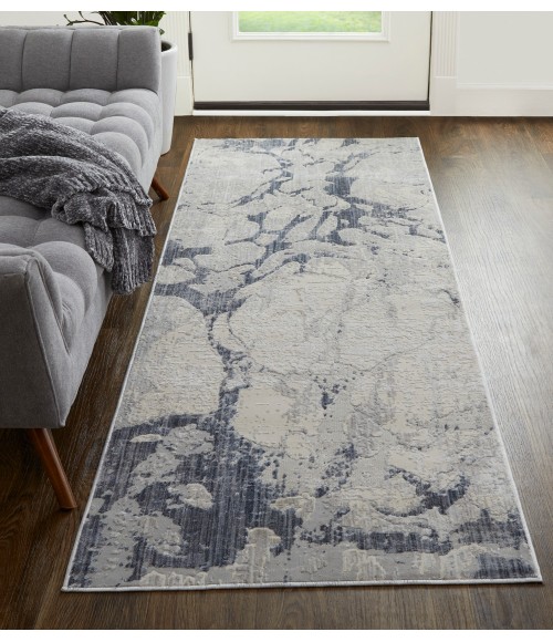 Feizy Laina Casual Abstract, Ivory/Blue, 3' x 12' Runner