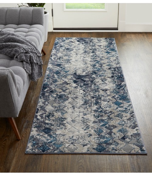 Feizy Indio Bohemian & Eclectic Diamond, Blue/Ivory/Gray, 2'-10" x 7'-10" Runner