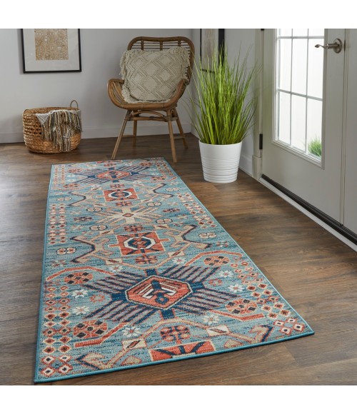 Nolan Area Rug Feizy Nolan Vinatge Style Tribal Kazak Rug, River Blue/Red Orange, 2ft-10in x 7ft-10in