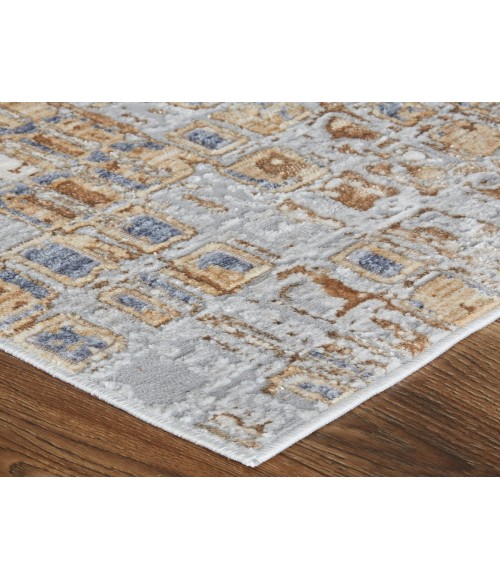 Laina Area Rug Feizy Laina Mid-Century Modern Geometric, Tan/Ivory/Blue, 3' x 10' Runner