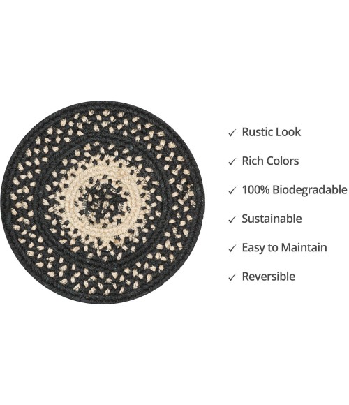 Home Spice Jute Braided Accessories Black Rug 240026PS 8 in. Set of 3 Round - Rugs Town Home Spice Jute Braided Accessories Black 240026PS 8 in. Set of 3 Round Rug
