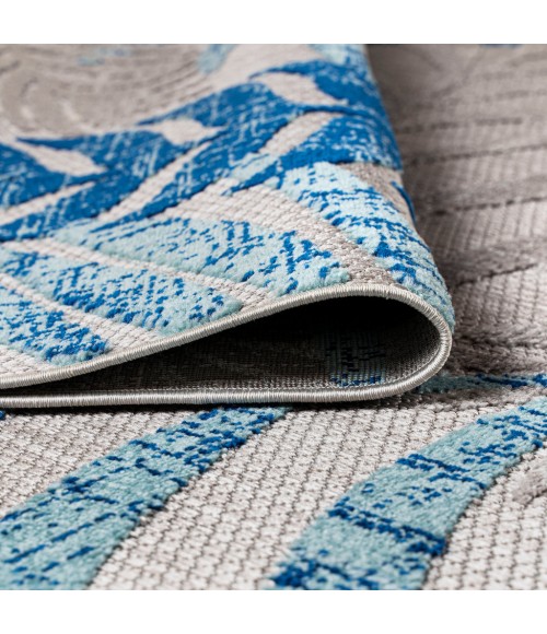 AMALFI COAST Area Rug Tropics Palm Leaves Gray/Blue 5' Square Indoor/Outdoor Area Rug