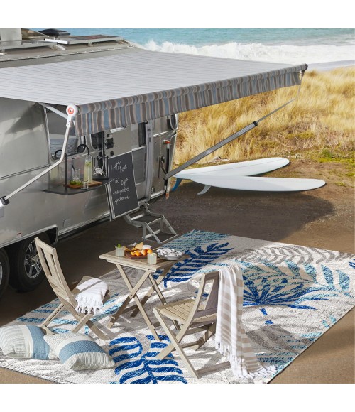 AMALFI COAST Area Rug Tropics Palm Leaves Gray/Blue 5' Square Indoor/Outdoor Area Rug