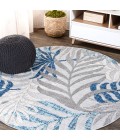 AMALFI COAST Area Rug Tropics Palm Leaves Gray/Blue 5' Round Indoor/Outdoor Area Rug