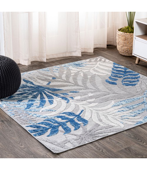 AMALFI COAST Area Rug Tropics Palm Leaves Gray/Blue 5' Square Indoor/Outdoor Area Rug