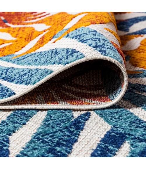 AMALFI COAST Area Rug Tropics Palm Leaves Cream/Orange 6' Round Indoor/Outdoor Area Rug