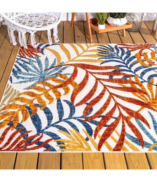 Tropics Palm Leaves Cream/Orange 5 ft. x 8 ft. Indoor/Outdoor Area Rug