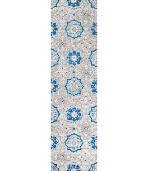 AMALFI COAST Area Rug Mediterranean Medallion Blue/Gray 2 ft. x 10 ft. Indoor/Outdoor Runner Rug