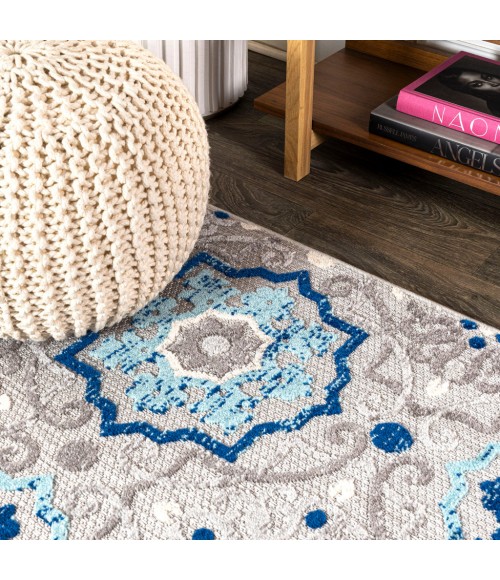 AMALFI COAST Area Rug Mediterranean Medallion Blue/Gray 5' Square Indoor/Outdoor Area Rug