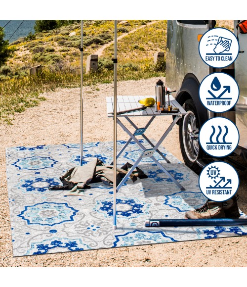 AMALFI COAST Area Rug Mediterranean Medallion Blue/Gray 5' Square Indoor/Outdoor Area Rug